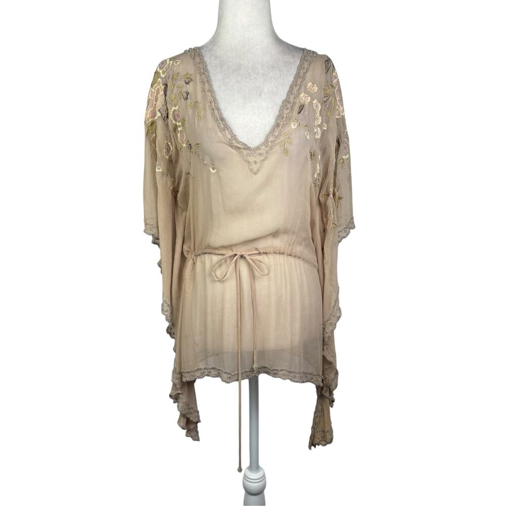Haute Hippie Tan Silk Floral Embroidered Beaded Tunic Top S